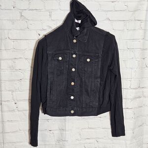 Womens Bailey 44 Size S Black Denim Jacket W/Black Hoodie Underlay